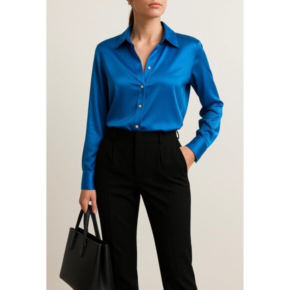 Zara Button Down Blouse Size XSmall Cobalt Blue Satin Corporate Core Polished - Picture 1 of 16